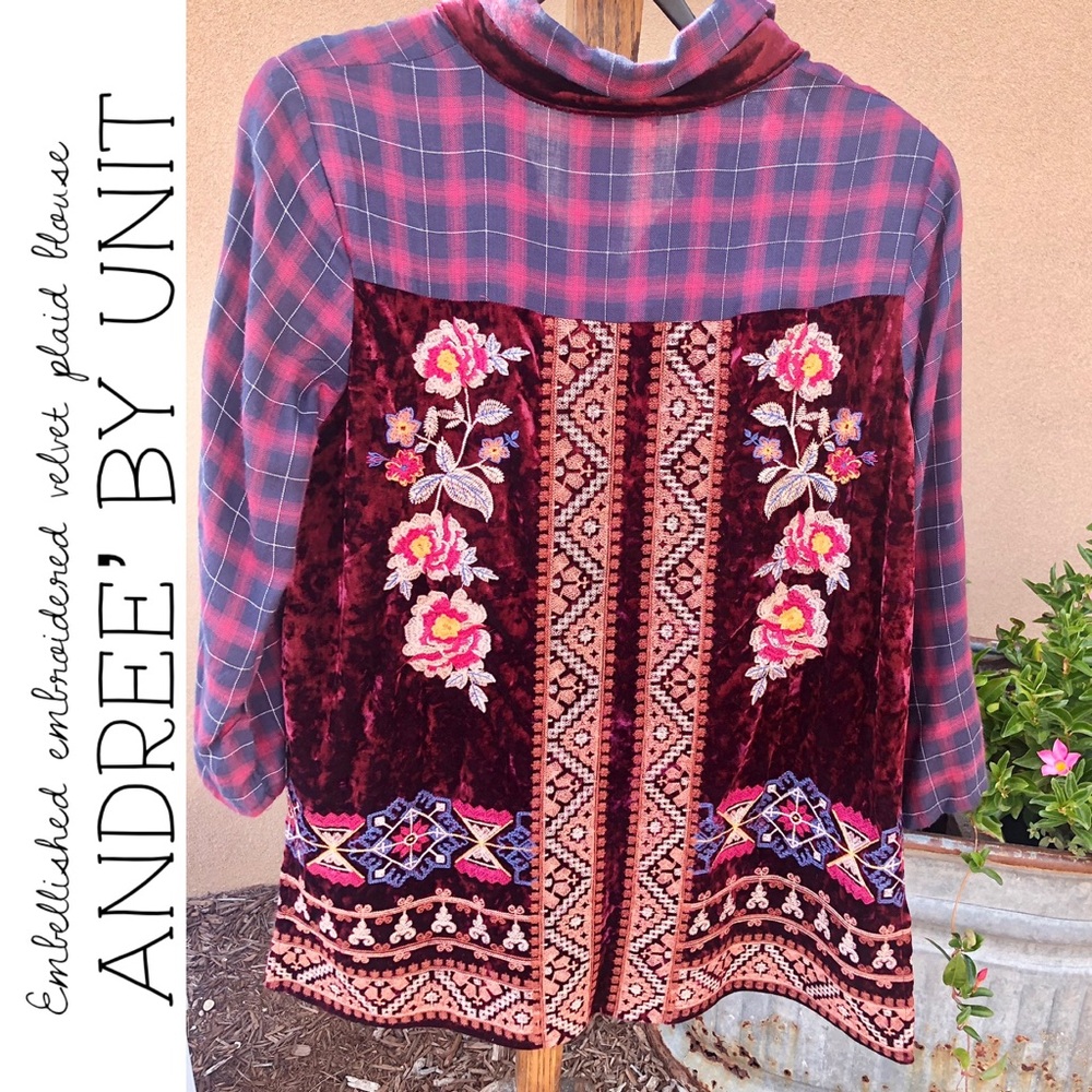 Andree’ by Unit Embellished Embroidered Plaid Blouse